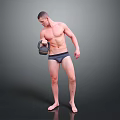 Shirtless Muscular Man In Dark Underwear Holding Dumbbell Exercising Gray Background Fitness Pose
