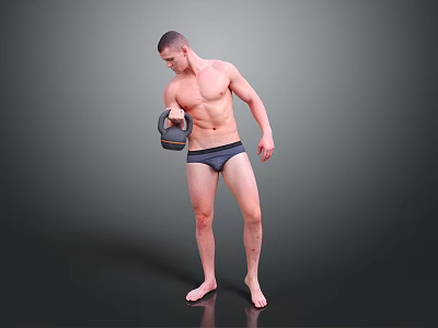 Shirtless Muscular Man In Dark Underwear Holding Dumbbell Exercising Gray Background Fitness Pose 3d model