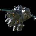 Futuristic Metallic Spaceship With Blue Light Accents And Modular Design Components
