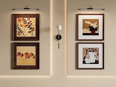 Four Stylish Photo Frames With Floral Fruit Art And HELLO Print On Light Wall 3d model
