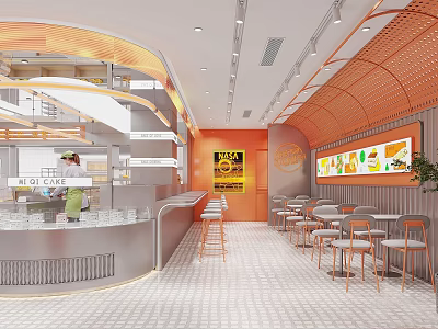 Modern Bright Bubble Tea Shop Interior With Curved Counter And Cozy Seating Area 3d model