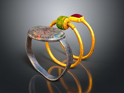 Unique Silver And Gold Rings With Intricate Patterns Green And Red Gemstones 3d model