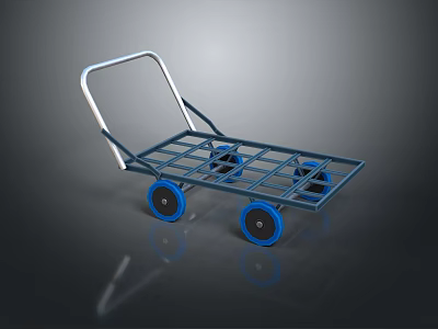 Practical Metal Frame Hand Cart With Blue Wheels And Grid Design 3d model