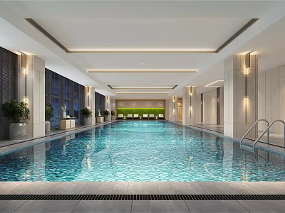Indoor Modern Spacious Swimming Pool With Blue Tiles Luminous Ceiling Green Plants And Handrails 3d model