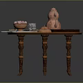 Traditional Chinese Tea Table With Copper Teapot Pastries Tea Cups And Decorative Mat
