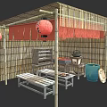 Traditional Japanese Bamboo Pavilion With Red Lanterns Blue Banners Bamboo Walls And Benches