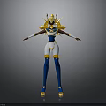 3D Futuristic Character Model With Blue White Yellow Costume And Golden Headdress