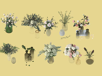 Decorative Glass and Ceramic Vases with White Pink Flowers for Home Interior Decor 3d model