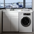 Modern White Bathroom Cabinet Design With Sink Faucet Towels And Washing Machine