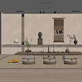 Traditional Japanese Tea Room With Tatami Mats Wooden Table Hanging Scroll And Tea Sets