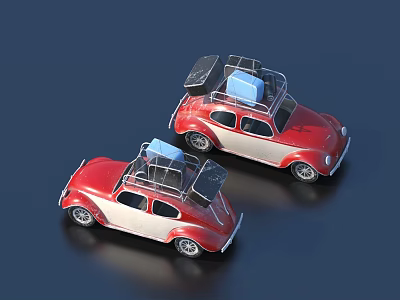 Two Red And White Toy Cars With Roof Racks And Luggage On Dark Surface 3d model