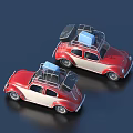 Two Red And White Toy Cars With Roof Racks And Luggage On Dark Surface