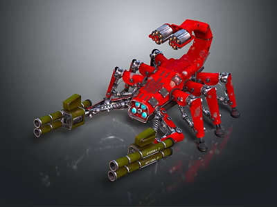 Red Mechanical Scorpion Robot With Robotic Legs And Weapon Attachments 3d model