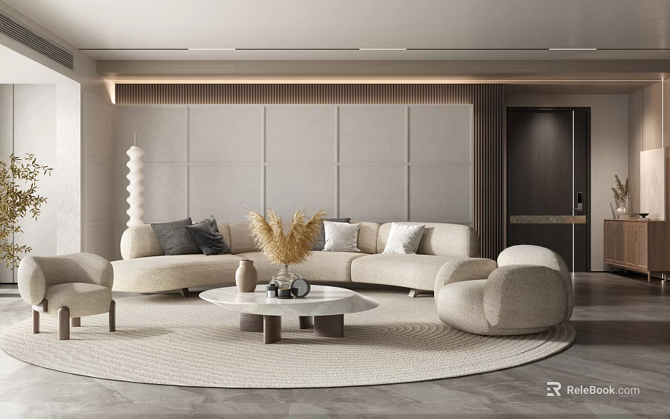 Modern Living Room Interior Design With Beige Sofa Round Coffee Table And Minimalist Rug 3d model 