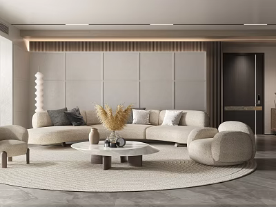 Modern Living Room Interior Design With Beige Sofa Round Coffee Table And Minimalist Rug 3d model