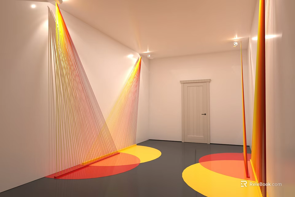 Vibrant Indoor Space With Colorful Thread Installations Yellow Red Circles White Walls And Recessed Lights 3d model 