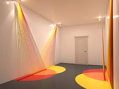 Vibrant Indoor Space With Colorful Thread Installations Yellow Red Circles White Walls And Recessed Lights 3d model
