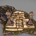 Scenic Japanese Stone Lantern Path With Mossy Rocks And Stone Steps
