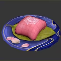 Elegant Blue Decorative Plate With Pink Pastry On Green Leaf And Gold Patterns