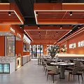Hotpot Restaurant Interior Design With Orange Decor Open Layout Tables And Menu Posters