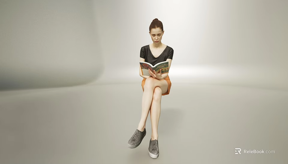 Woman Sitting Reading Book In Light Background Wearing Black Top Orange Shorts And Gray Shoes 3d model 
