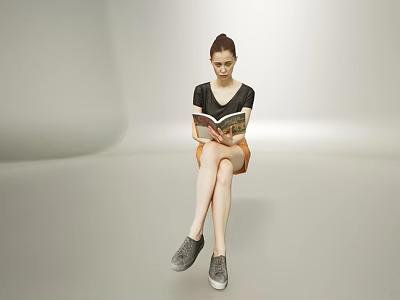 Woman Sitting Reading Book In Light Background Wearing Black Top Orange Shorts And Gray Shoes 3d model