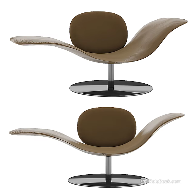 Modern Brown Leather Leisure Chair With Curved Armrests And Metal Round Base 3d model 