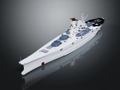 Detailed White Warship With Superstructure Cannons Shiny Hull And Dark Background Reflection 3d model