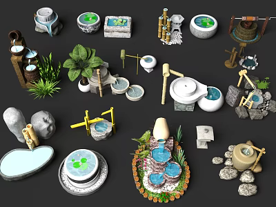 Lush Green Plants In Decorative Garden Setup With Stone Basins Bamboo And Small Fountains 3d model