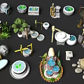 Lush Green Plants In Decorative Garden Setup With Stone Basins Bamboo And Small Fountains
