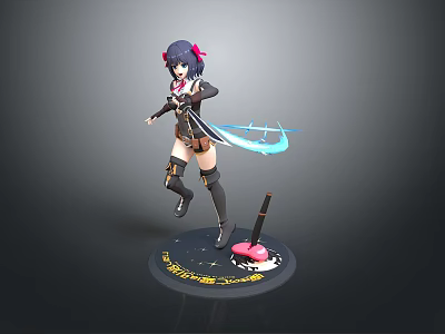 3D Anime Character Model With Purple Hair Black Outfit And Blue Glowing Weapon On Base 3d model