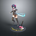 3D Anime Character Model With Purple Hair Black Outfit And Blue Glowing Weapon On Base