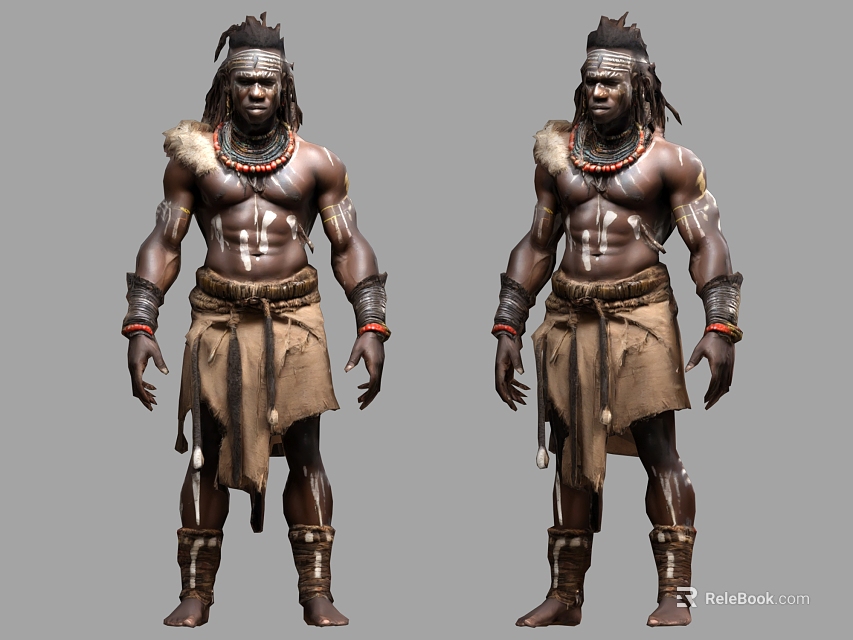 Tribal Game Movie Warrior Character With Tribal Tattoos Feather Headpiece Beaded Necklaces Fur Arm Bands 3d model 