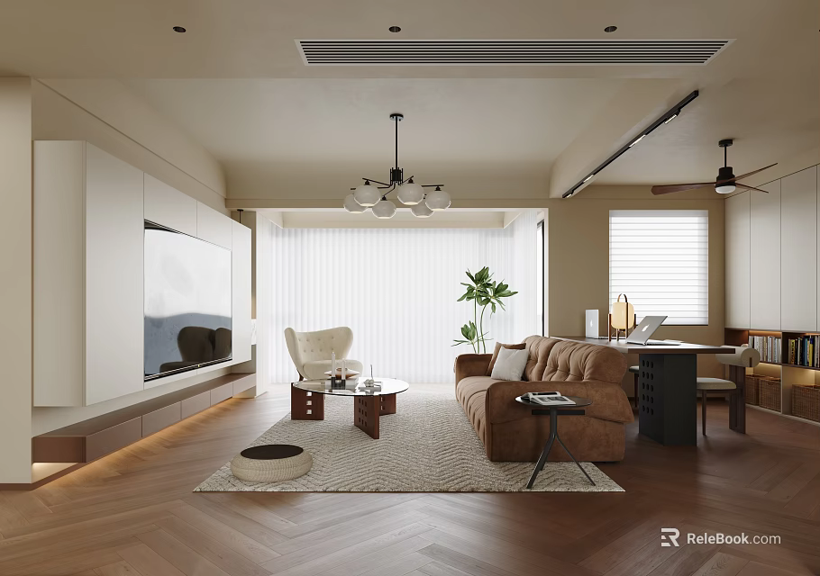 Warm Open Plan Living And Dining Room Interior With Comfortable Brown Sofa And Wooden Flooring 3d model 