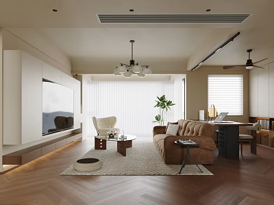 Warm Open Plan Living And Dining Room Interior With Comfortable Brown Sofa And Wooden Flooring 3d model