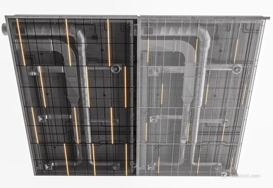 Detailed Ceiling Grid Structure With Metal Framework Pipes And Illuminated Strips 3d model 