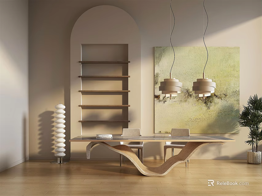 Stylish Modern Wooden Desk With Curved Bookshelf Pendant Lights Wall Art Chair And Plant 3d model 