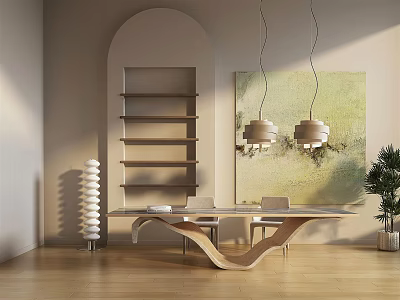 Stylish Modern Wooden Desk With Curved Bookshelf Pendant Lights Wall Art Chair And Plant 3d model