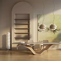 Stylish Modern Wooden Desk With Curved Bookshelf Pendant Lights Wall Art Chair And Plant