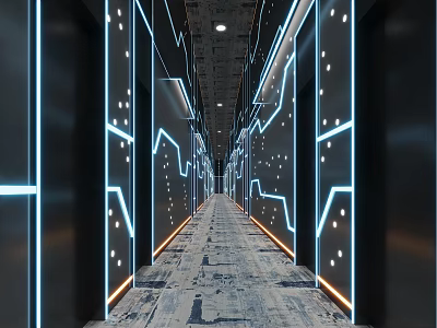 Modern Hotel Corridor With Neon Strip Lights Geometric Wall Designs And Patterned Carpet Flooring 3d model