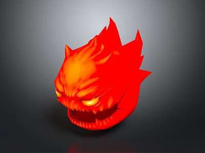 Fiery Demon Creature Head with Red Flaming Mane Fierce Expression and Glowing Yellow Eyes 3d model