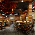 Traditional Chinese Restaurant Interior With Wooden Structures Lanterns Red Tree Booths And Tables