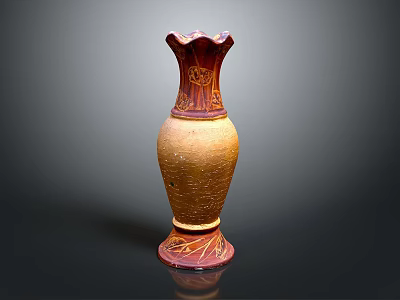 Elegant Ceramic Vase With Brown Red Hue Floral Petal Top And Decorative Patterns 3d model
