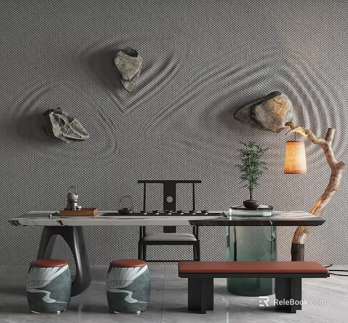 Traditional Tea Room Interior With Wooden Tea Table Stone Decorations And Potted Plant 3d model 