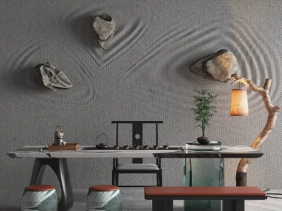 Traditional Tea Room Interior With Wooden Tea Table Stone Decorations And Potted Plant 3d model