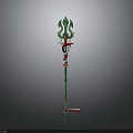 Fantasy Decorative Weapon with Long Green Handle Red Serpent Details and Ornate Top Design