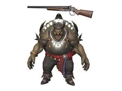 Lizard Warrior Character With Spiked Armor And Shotgun On Back 3d model