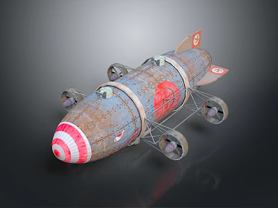 Vintage Rusty Metal Rocket Model With Red White Striped Tip And Wheels 3d model