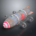 Vintage Rusty Metal Rocket Model With Red White Striped Tip And Wheels