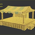 Wooden Market Stall With Blue White Striped Awning Platform And Crates